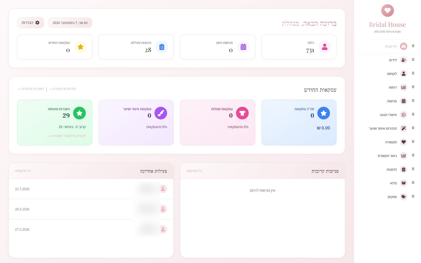 דשבורד הסטודיו: 731 כלות, הזמנות פעילות, עסקאות החודש ופגישות קרובות